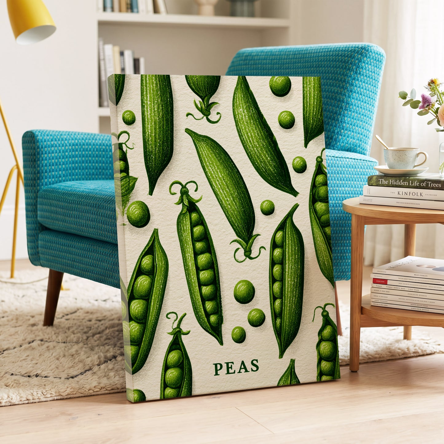 Pea Pod Parade, green, beige, white nature wall art on canvas displayed in a styled interior, gallery view 2