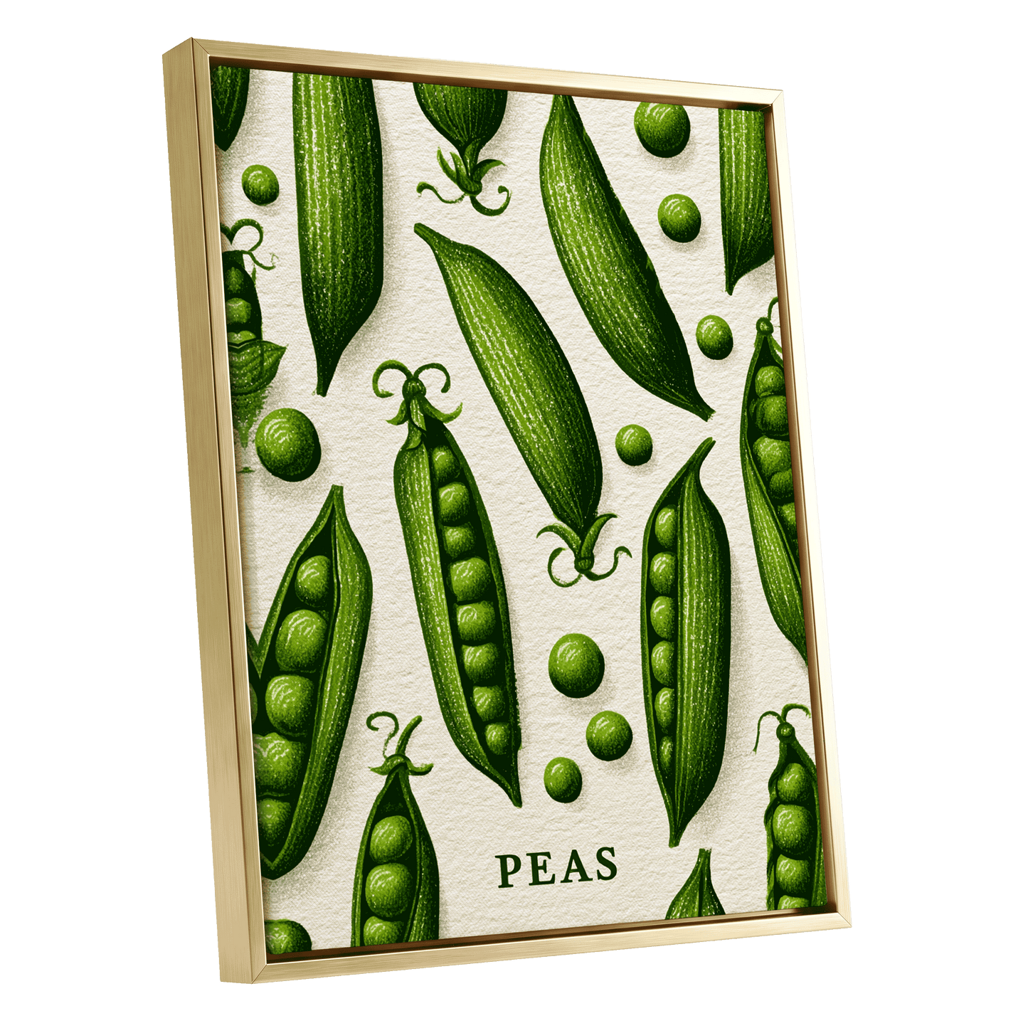 Pea Pod Parade, green, beige, white nature wall art shown as a gold framed canvas wall art