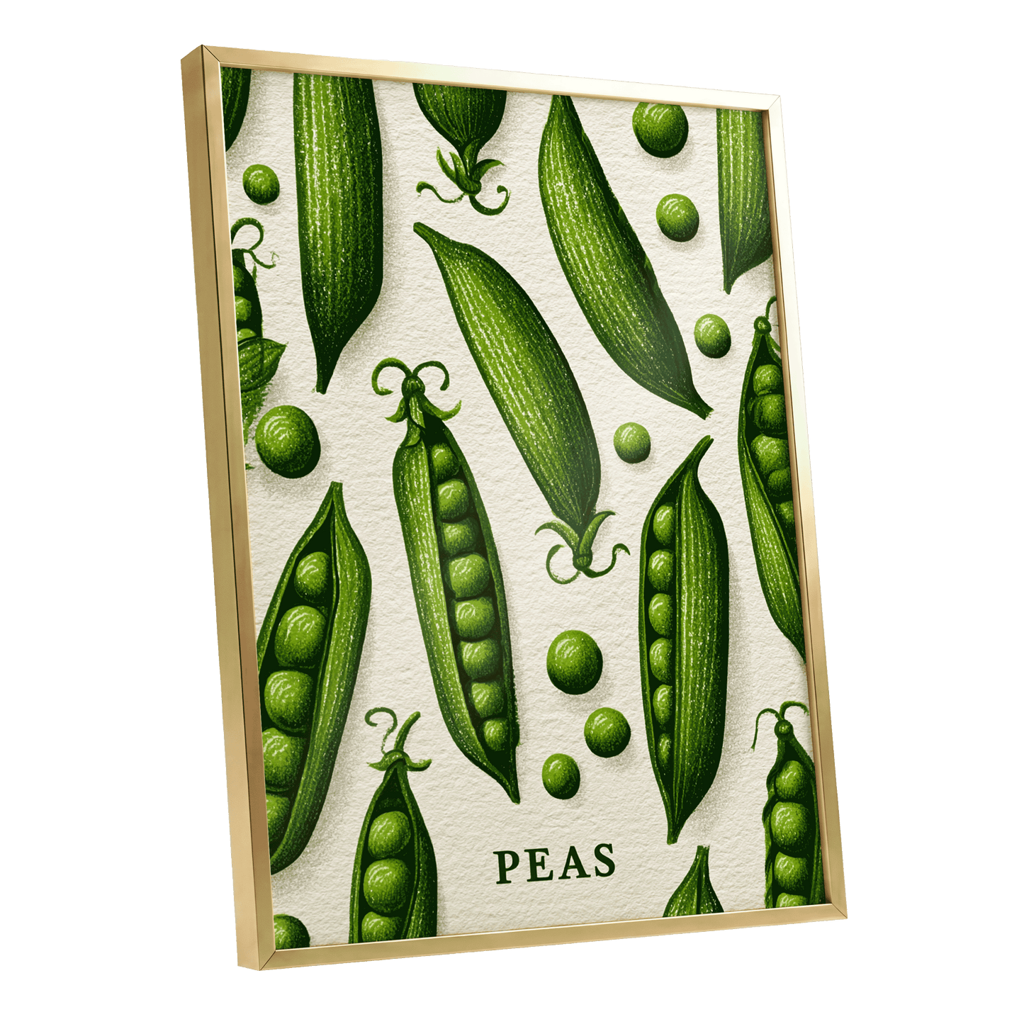 Pea Pod Parade, green, beige, white nature wall art shown as a gold framed poster wall art print
