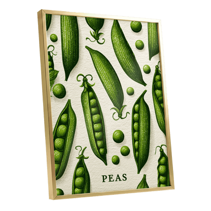 Pea Pod Parade, green, beige, white nature wall art shown as a gold framed poster wall art print