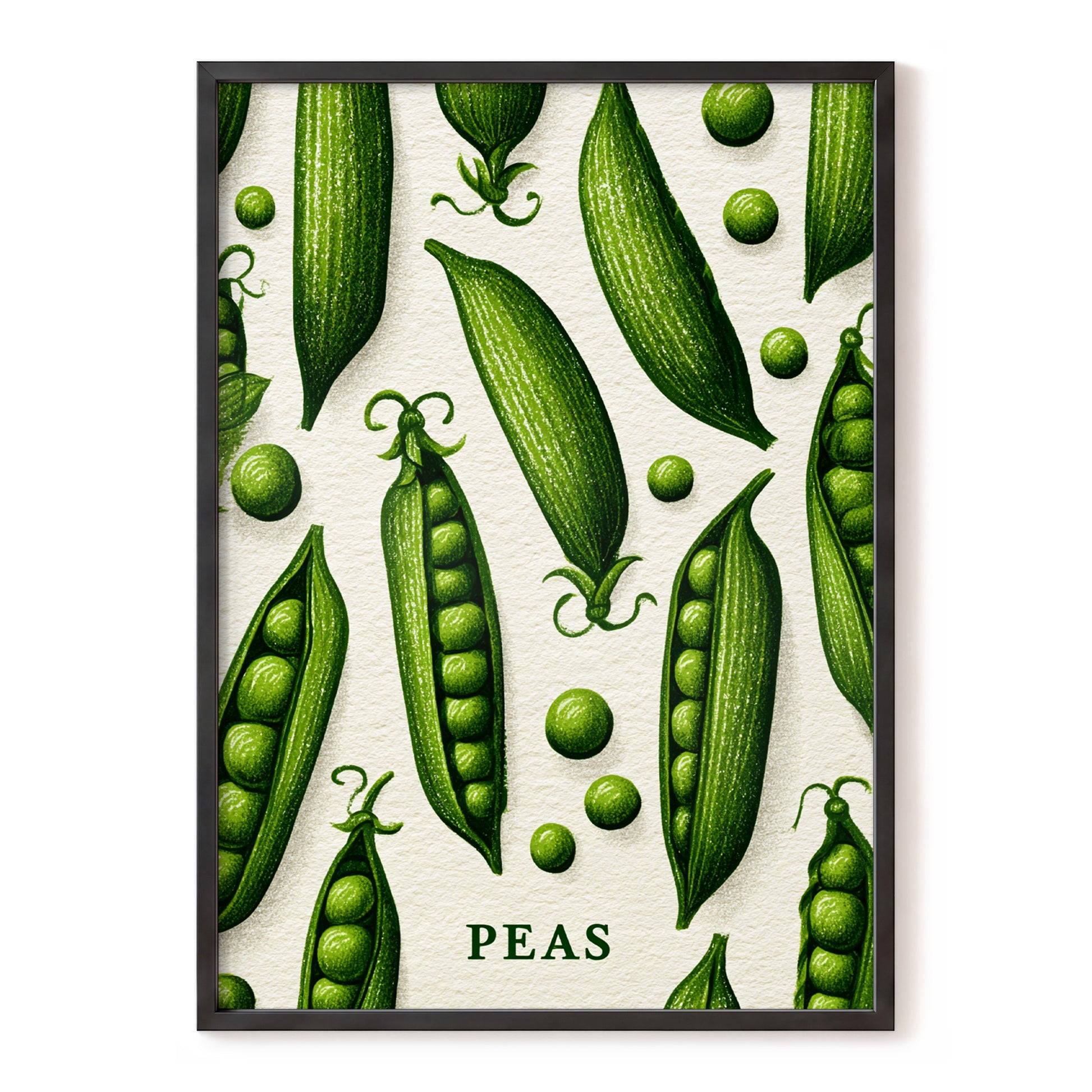 Pea Pod Parade, green, beige, white nature wall art, front artwork view
