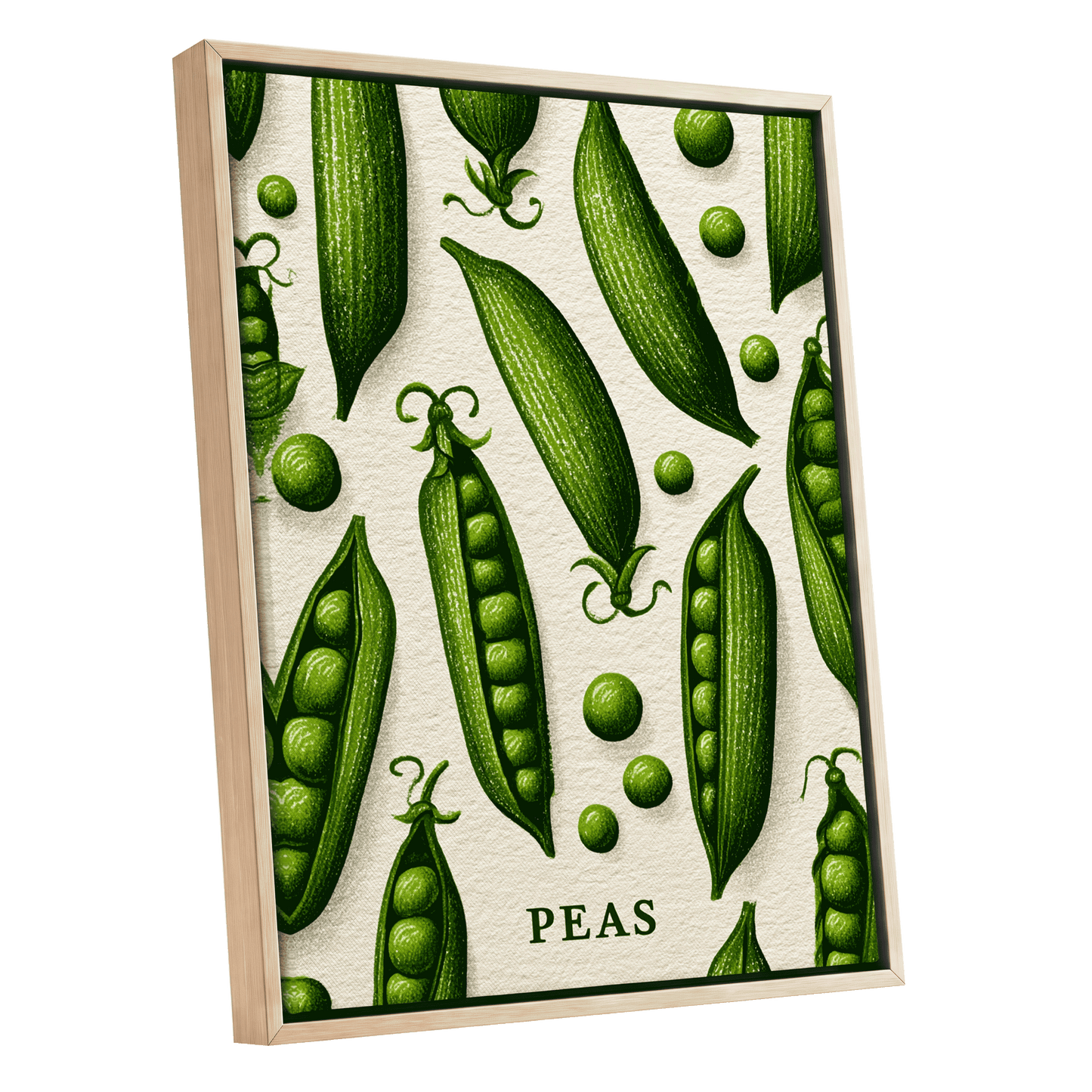Pea Pod Parade, green, beige, white nature wall art shown as a oak framed canvas wall art