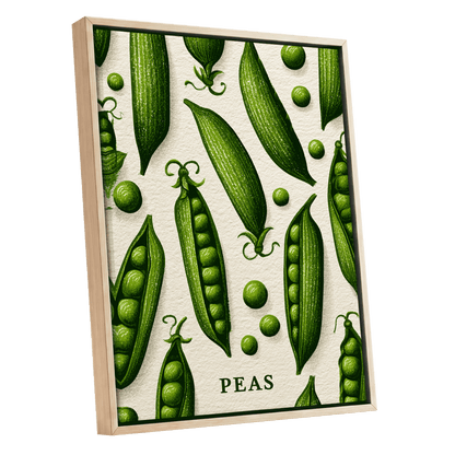 Pea Pod Parade, green, beige, white nature wall art shown as a oak framed canvas wall art
