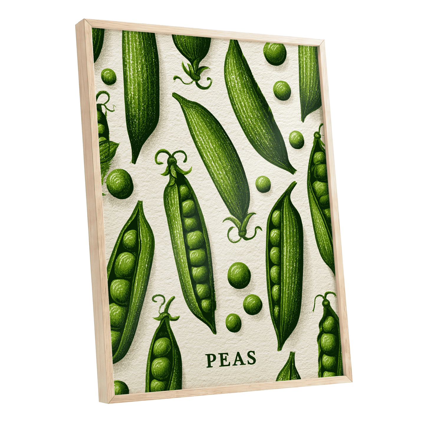 Pea Pod Parade, green, beige, white nature wall art shown as a oak framed poster wall art print