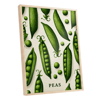 Pea Pod Parade, green, beige, white nature wall art shown as a oak framed poster wall art print