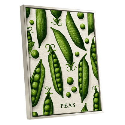 Pea Pod Parade, green, beige, white nature wall art shown as a silver framed canvas wall art