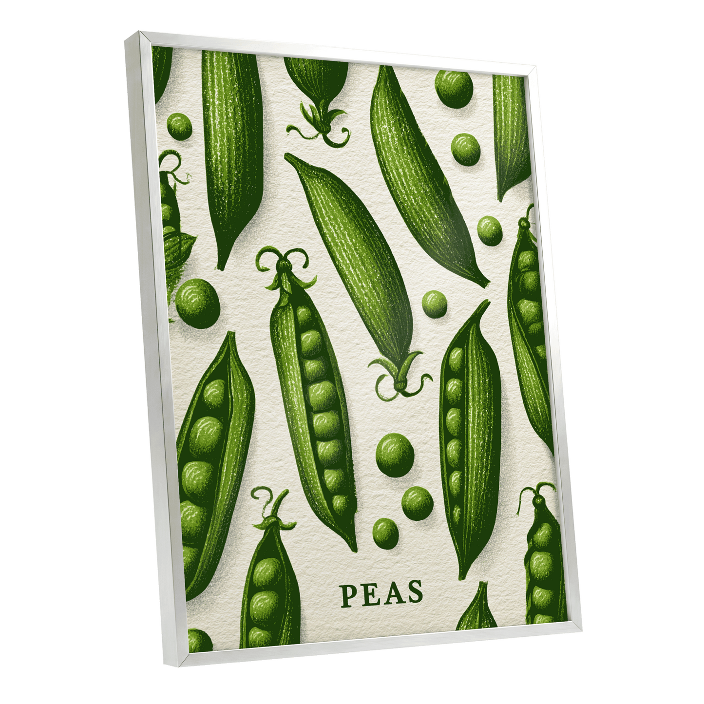Pea Pod Parade, green, beige, white nature wall art shown as a silver framed poster wall art print