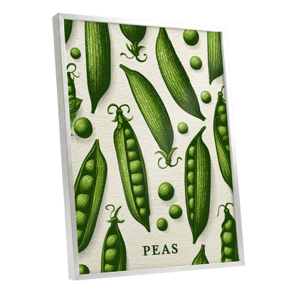 Pea Pod Parade, green, beige, white nature wall art shown as a silver framed poster wall art print