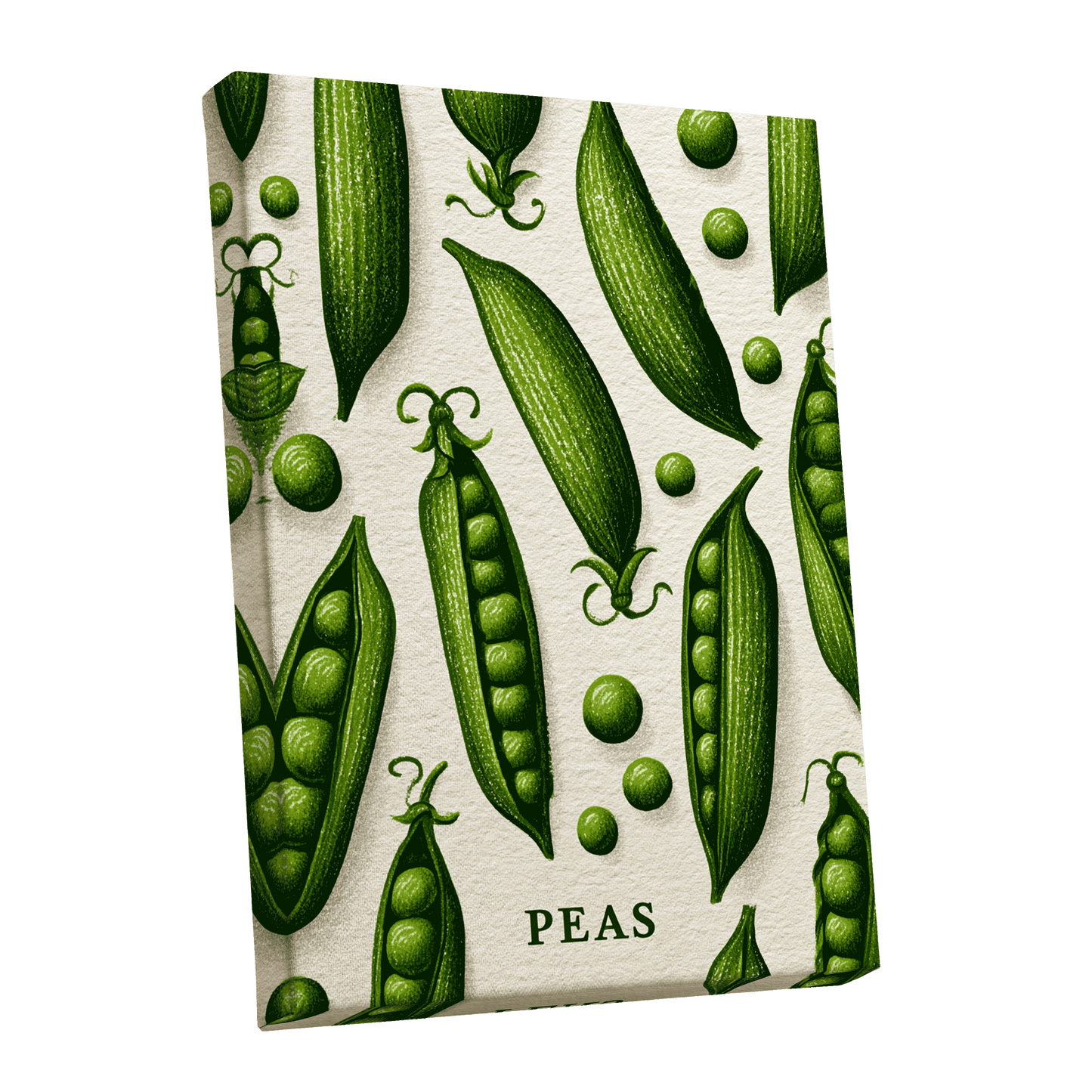 Pea Pod Parade, green, beige, white nature wall art shown as a stretched canvas wall art
