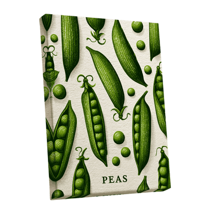 Pea Pod Parade, green, beige, white nature wall art shown as a stretched canvas wall art