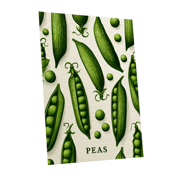 Pea Pod Parade, green, beige, white nature wall art shown as a unframed poster wall art print