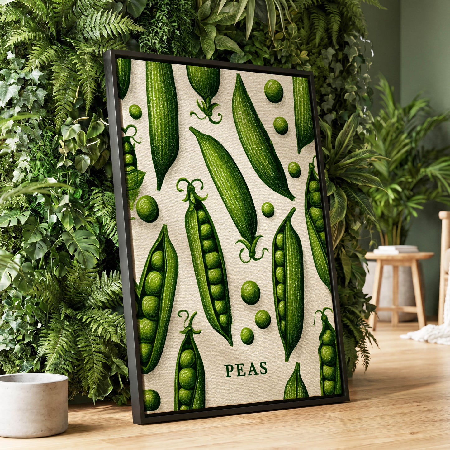 Pea Pod Parade, green, beige, white nature wall art displayed in a styled interior, gallery view 1