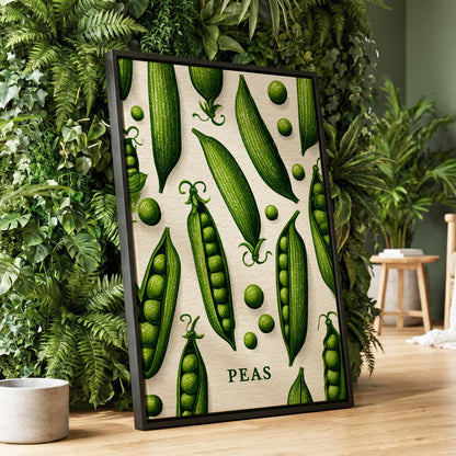 Pea Pod Parade, green, beige, white nature wall art displayed in a styled interior, gallery view 1