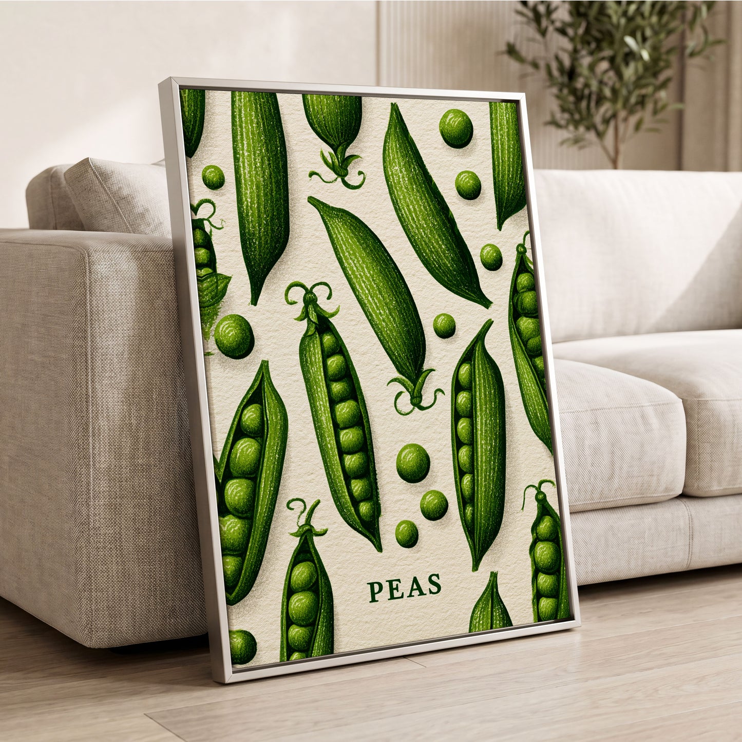 Pea Pod Parade, green, beige, white nature wall art displayed in a styled interior, gallery view 2