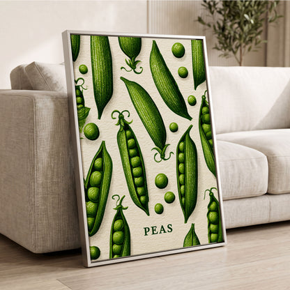 Pea Pod Parade, green, beige, white nature wall art displayed in a styled interior, gallery view 2