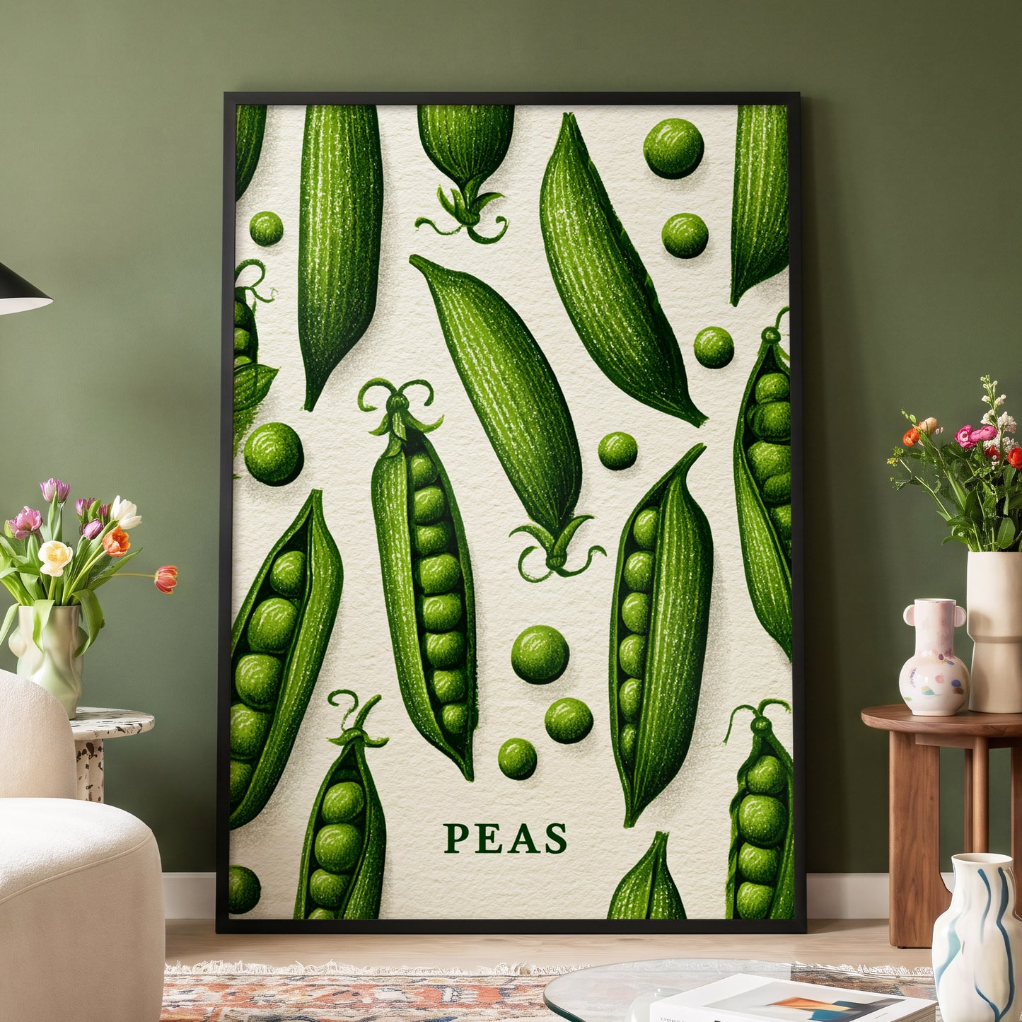Pea Pod Parade, green, beige, white nature wall art displayed in a styled interior, gallery view 4