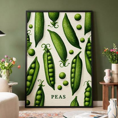 Pea Pod Parade, green, beige, white nature wall art displayed in a styled interior, gallery view 4