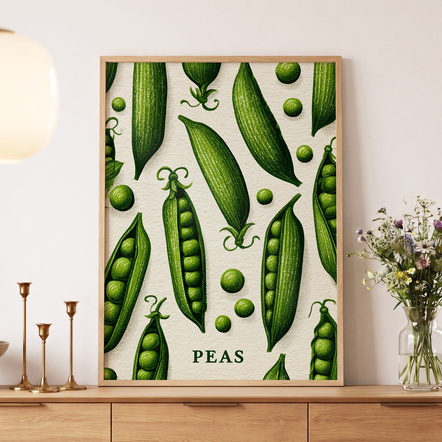 Pea Pod Parade, green, beige, white nature wall art displayed in a styled interior, gallery view 5