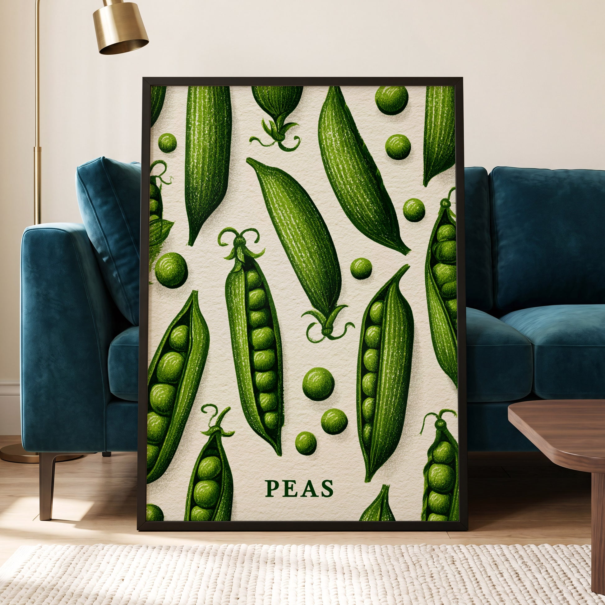 Pea Pod Parade, green, beige, white nature wall art displayed in a styled interior, gallery view 6