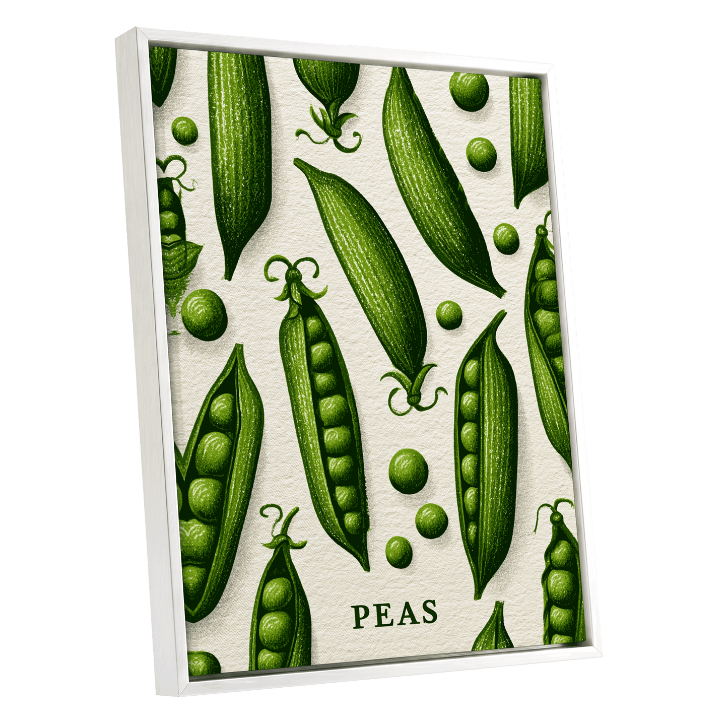 Pea Pod Parade, green, beige, white nature wall art shown as a white framed canvas wall art