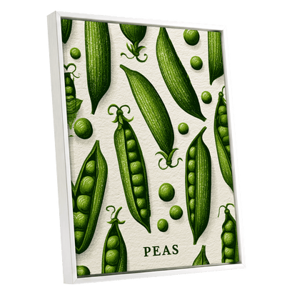 Pea Pod Parade, green, beige, white nature wall art shown as a white framed canvas wall art