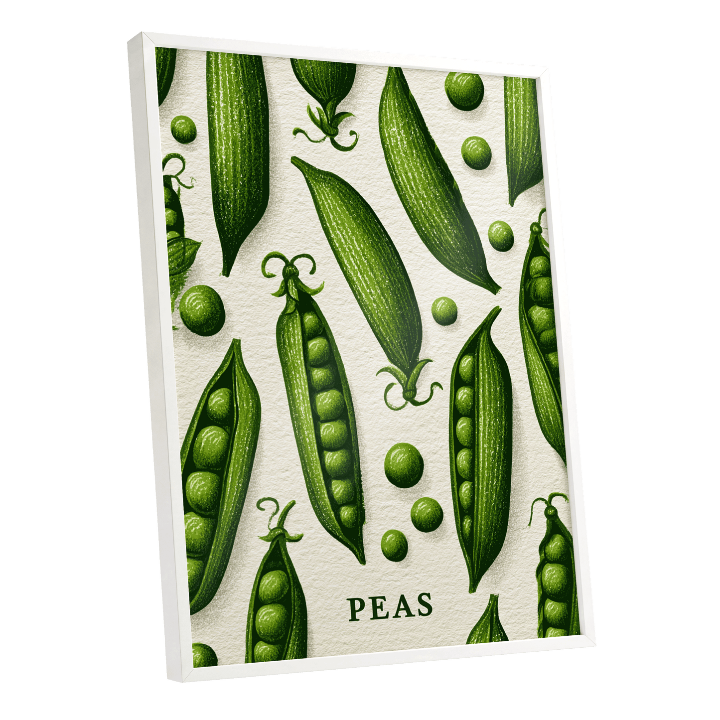 Pea Pod Parade, green, beige, white nature wall art shown as a white framed poster wall art print