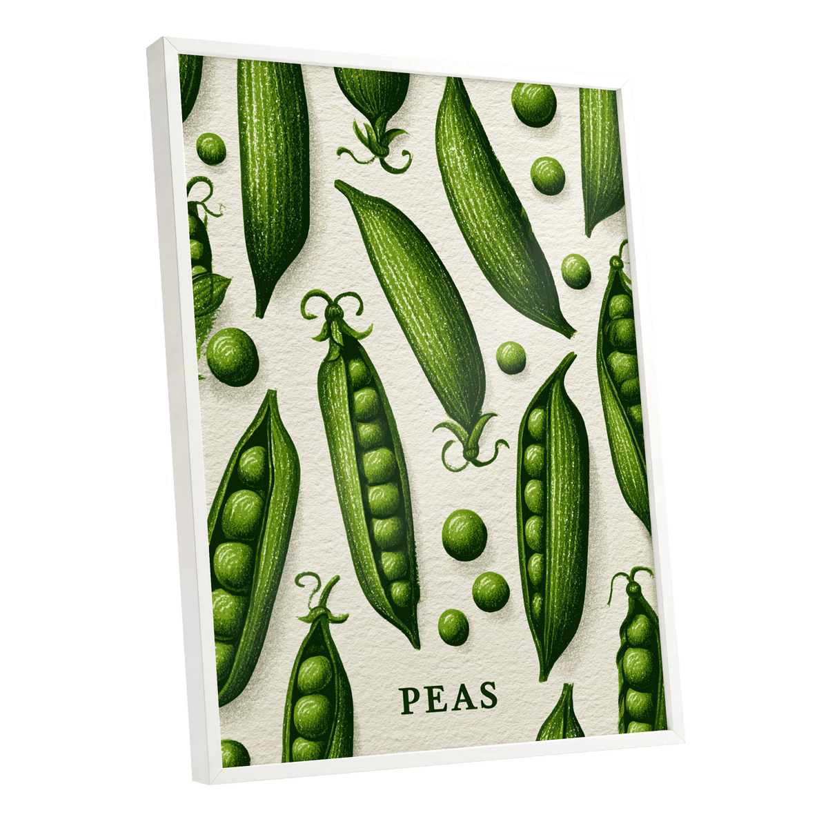 Pea Pod Parade, green, beige, white nature wall art shown as a white framed poster wall art print