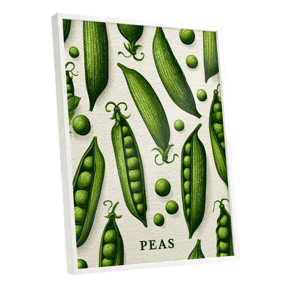 Pea Pod Parade, green, beige, white nature wall art shown as a white framed poster wall art print
