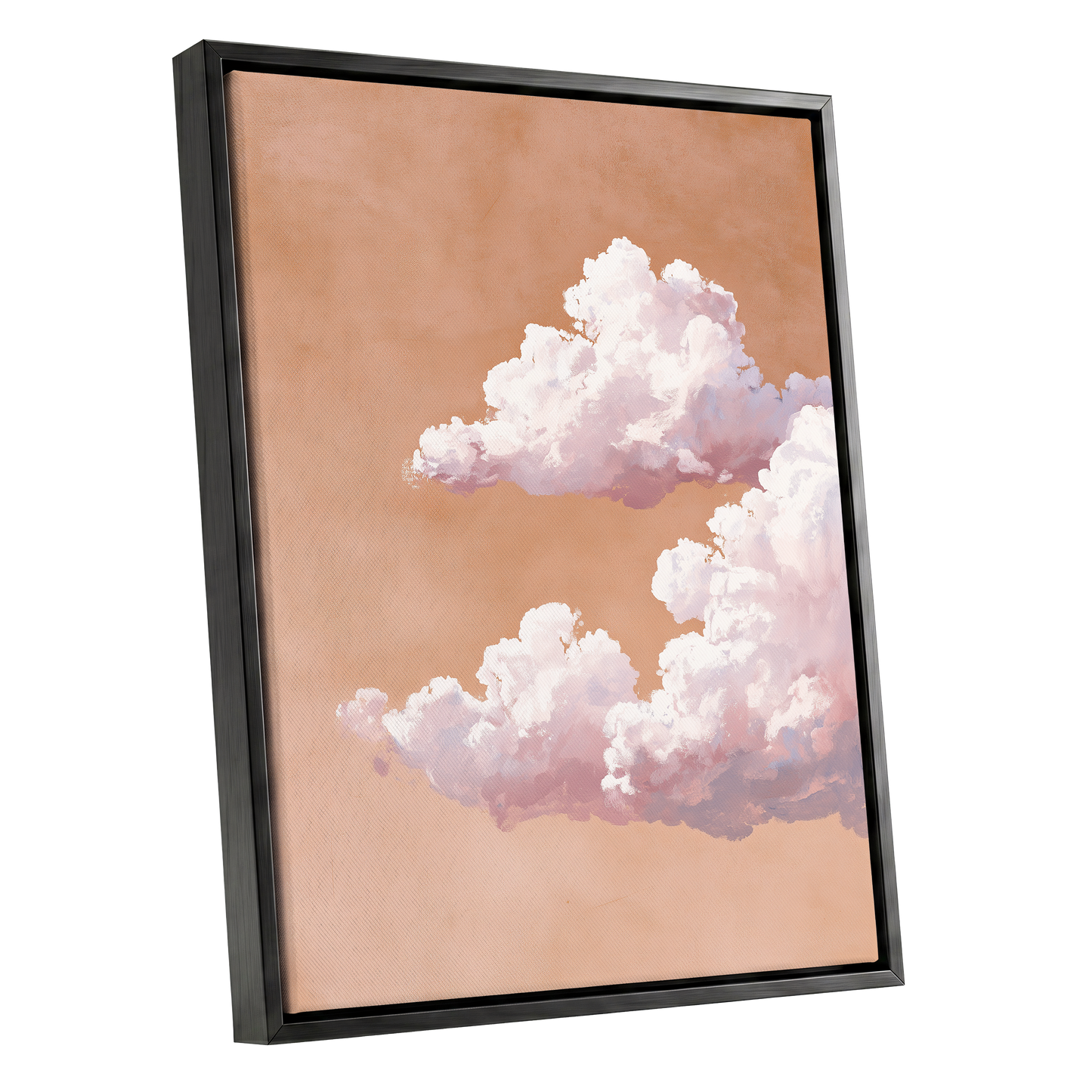 Peach Cloud Reverie, orange, pink, white nature wall art shown as a black framed canvas wall art