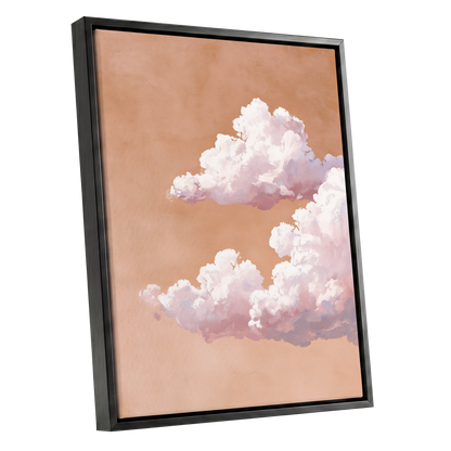 Peach Cloud Reverie, orange, pink, white nature wall art shown as a black framed canvas wall art