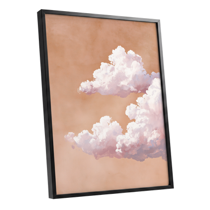 Peach Cloud Reverie, orange, pink, white nature wall art shown as a black framed poster wall art print