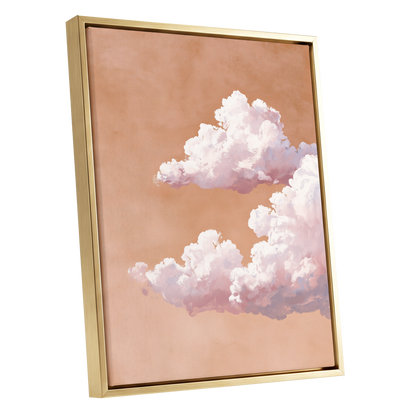 Peach Cloud Reverie, orange, pink, white nature wall art shown as a gold framed canvas wall art
