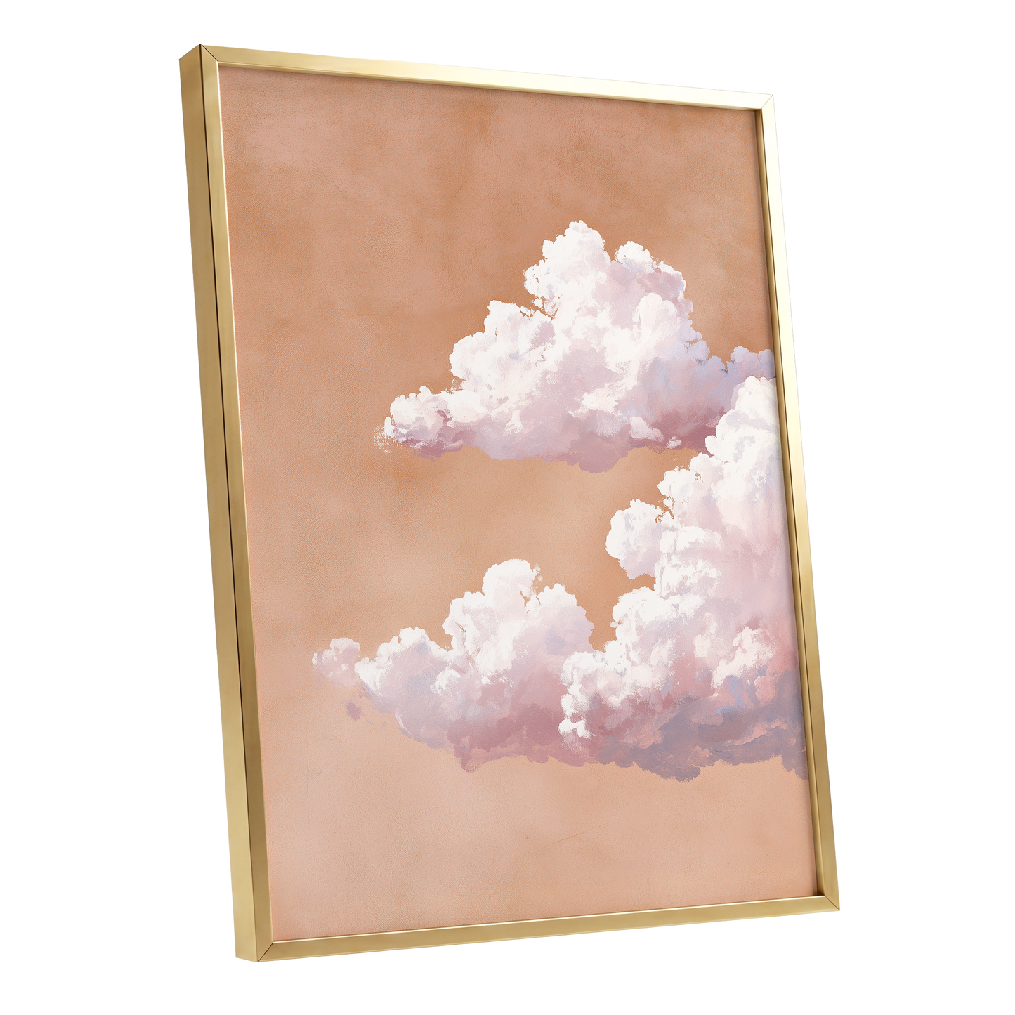 Peach Cloud Reverie, orange, pink, white nature wall art shown as a gold framed poster wall art print