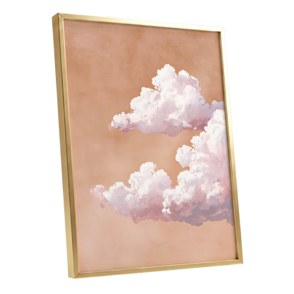 Peach Cloud Reverie, orange, pink, white nature wall art shown as a gold framed poster wall art print