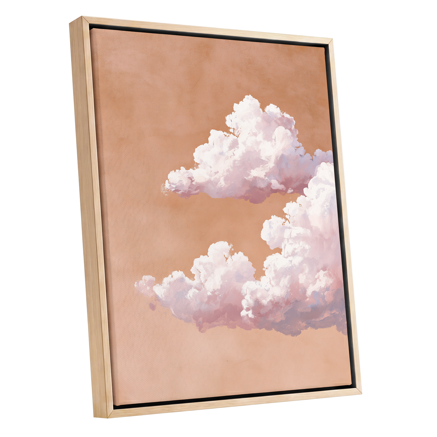 Peach Cloud Reverie, orange, pink, white nature wall art shown as a oak framed canvas wall art