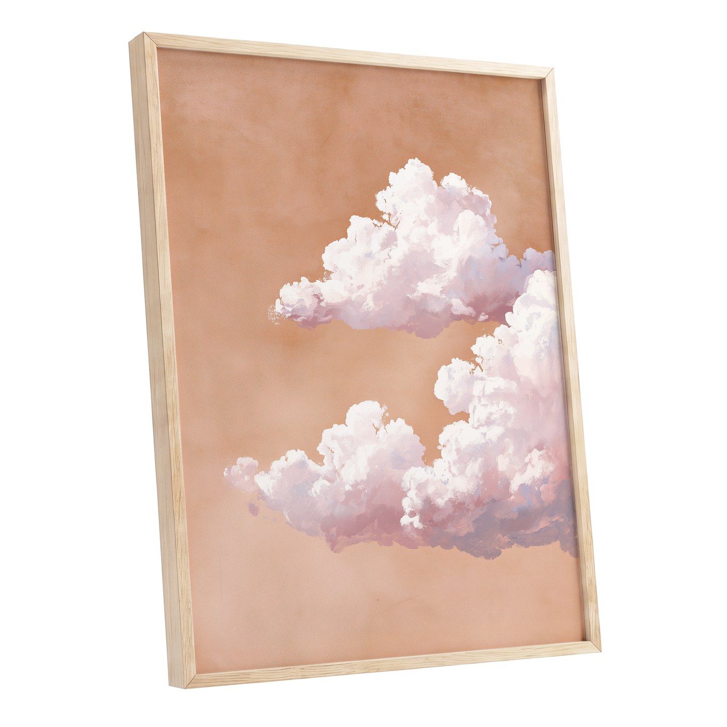 Peach Cloud Reverie, orange, pink, white nature wall art shown as a oak framed poster wall art print