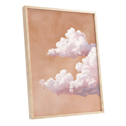 Peach Cloud Reverie, orange, pink, white nature wall art shown as a oak framed poster wall art print