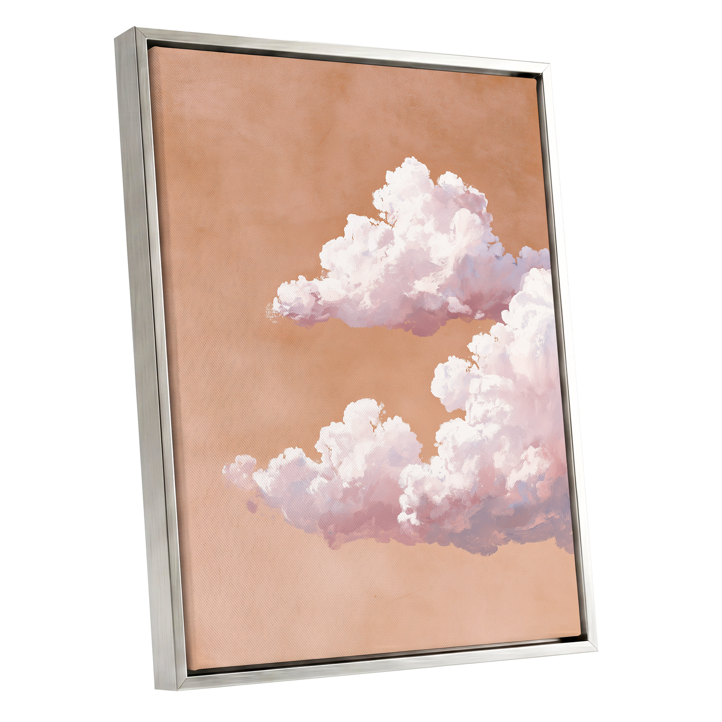 Peach Cloud Reverie, orange, pink, white nature wall art shown as a silver framed canvas wall art