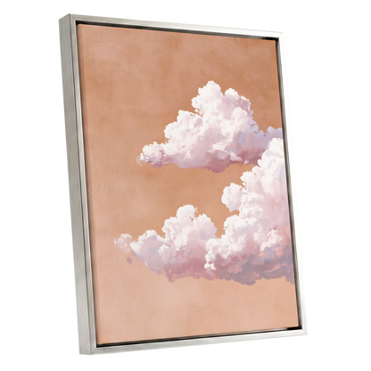 Peach Cloud Reverie, orange, pink, white nature wall art shown as a silver framed canvas wall art