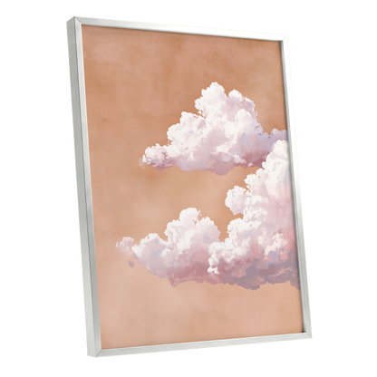 Peach Cloud Reverie, orange, pink, white nature wall art shown as a silver framed poster wall art print
