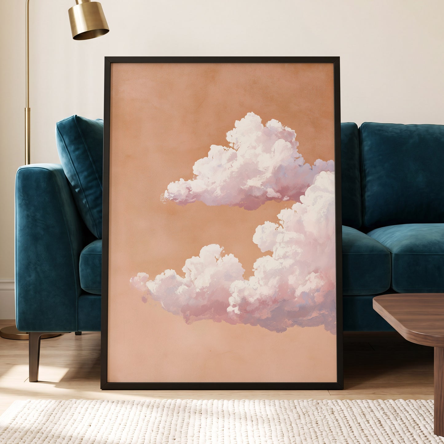 Peach Cloud Reverie, orange, pink, white nature wall art displayed in a styled interior, gallery view 2