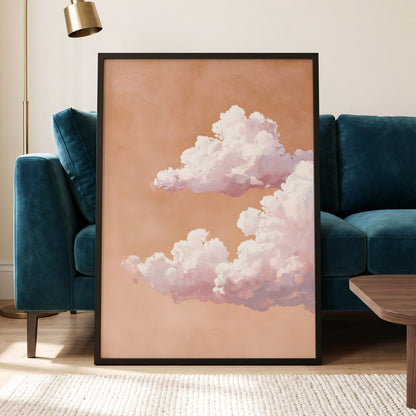 Peach Cloud Reverie, orange, pink, white nature wall art displayed in a styled interior, gallery view 2