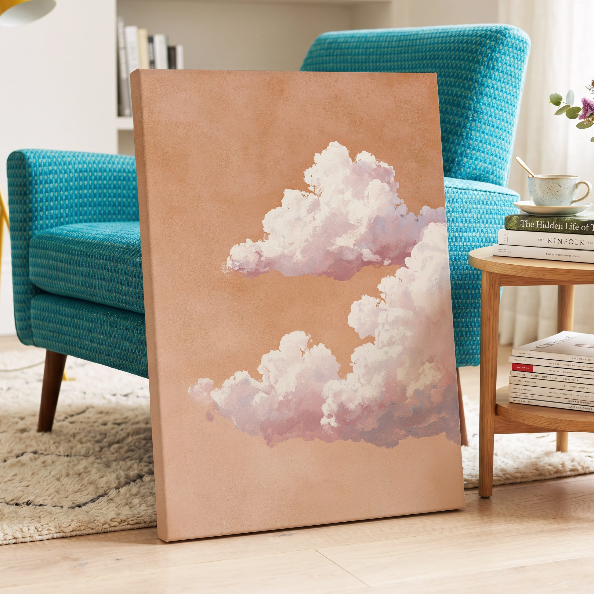 Peach Cloud Reverie, orange, pink, white nature wall art displayed in a styled interior, gallery view 3