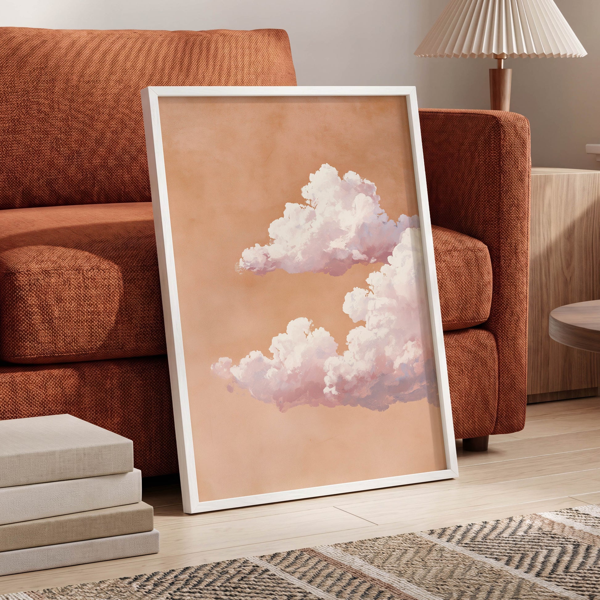 Peach Cloud Reverie, orange, pink, white nature wall art displayed in a styled interior, gallery view 6