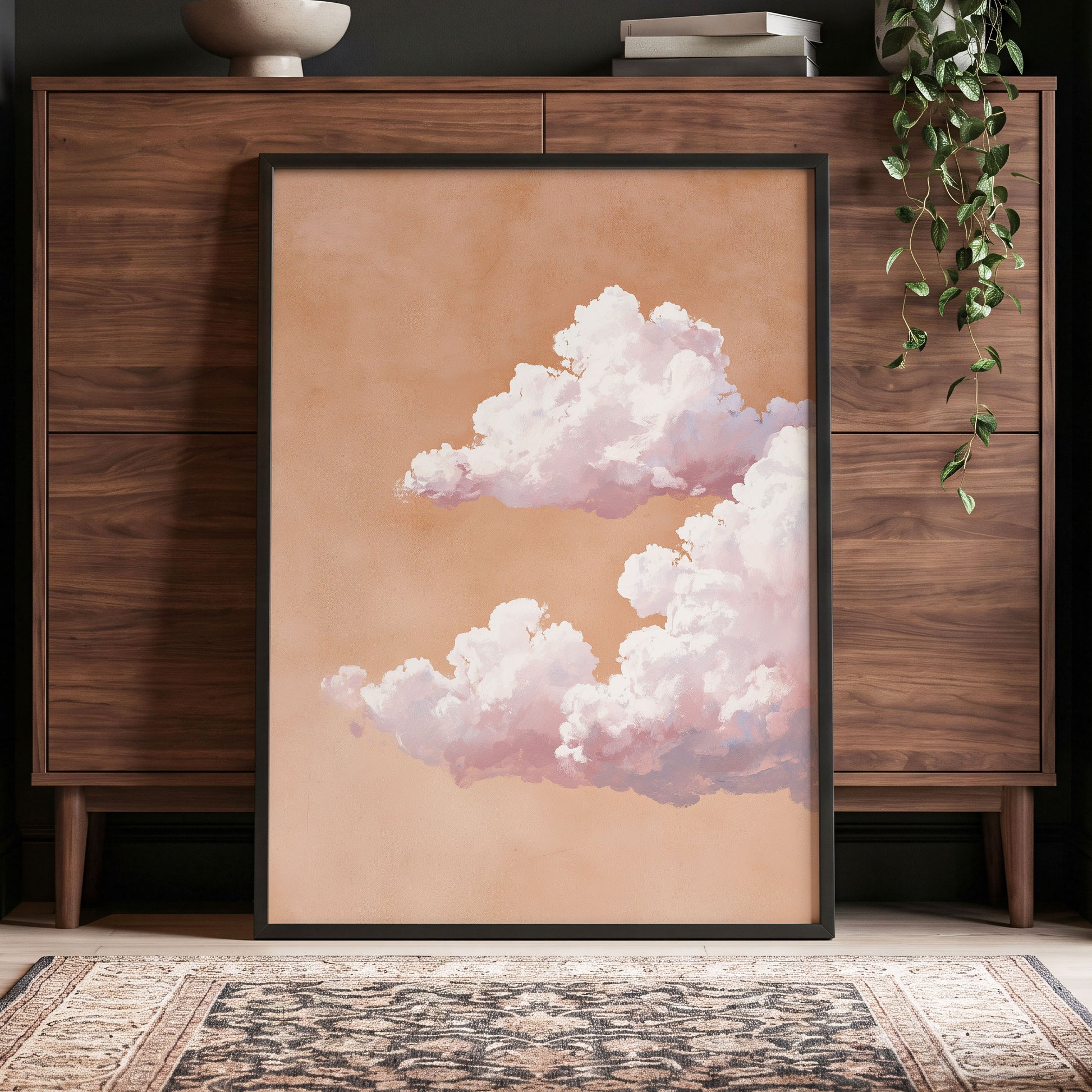 Peach Cloud Reverie, orange, pink, white nature wall art displayed in a styled interior, gallery view 9