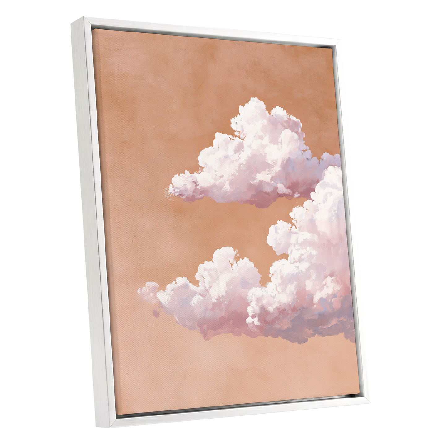 Peach Cloud Reverie, orange, pink, white nature wall art shown as a white framed canvas wall art
