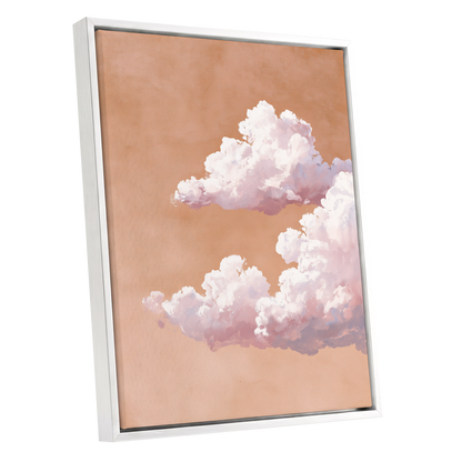 Peach Cloud Reverie, orange, pink, white nature wall art shown as a white framed canvas wall art