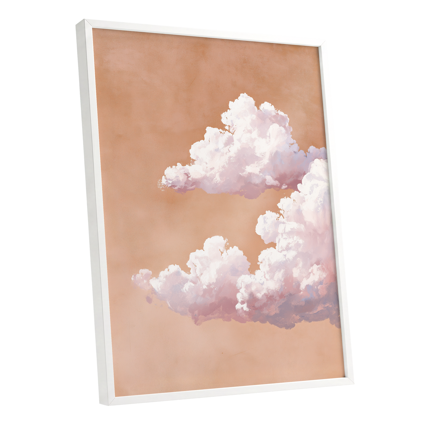 Peach Cloud Reverie, orange, pink, white nature wall art shown as a white framed poster wall art print