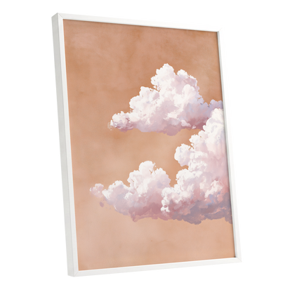 Peach Cloud Reverie, orange, pink, white nature wall art shown as a white framed poster wall art print