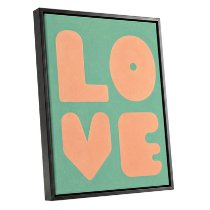 Peach Love Letters, green, orange, pink minimalist wall art shown as a black framed canvas wall art